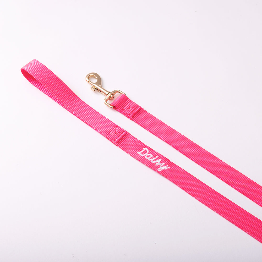 close up of personalized dog leash in hot pink