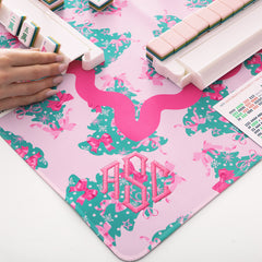 close up of personalized mahjong mat in pink christmas trees 