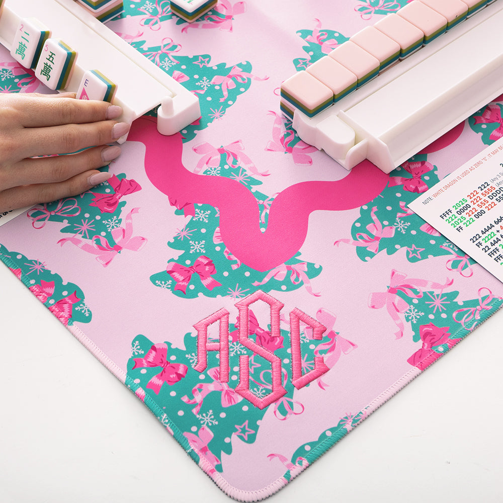 close up of personalized mahjong mat in pink christmas trees 