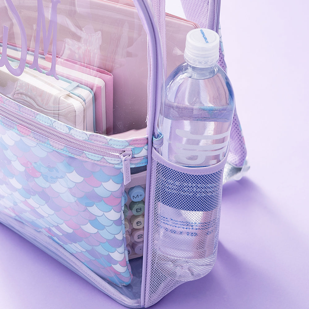close up of personalized mermaid magic clear backpack side pocket