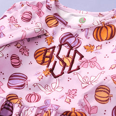 close up of pretty pumpkins twirl dress monogram 