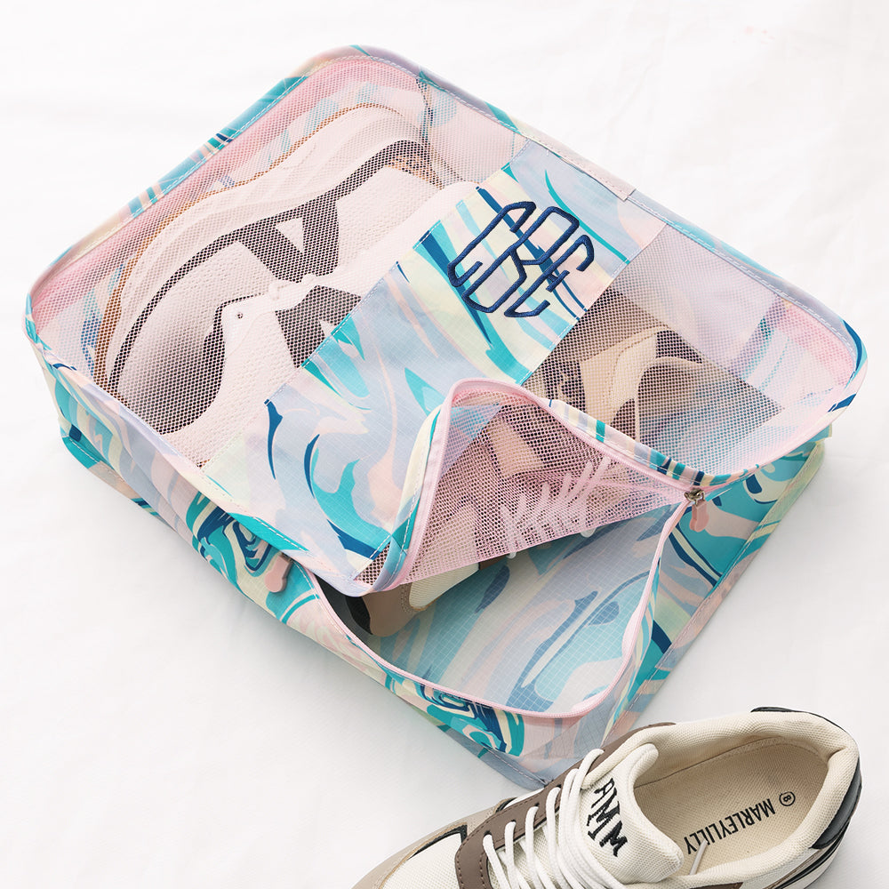 colorful marble monogrammed packing bag with shoes
