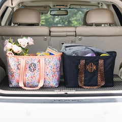 coral floral and black monogrammed market baskets
