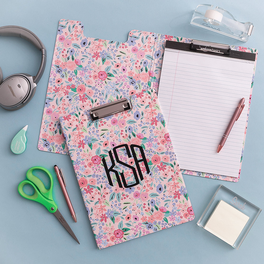 coral floral clipboard flatlay