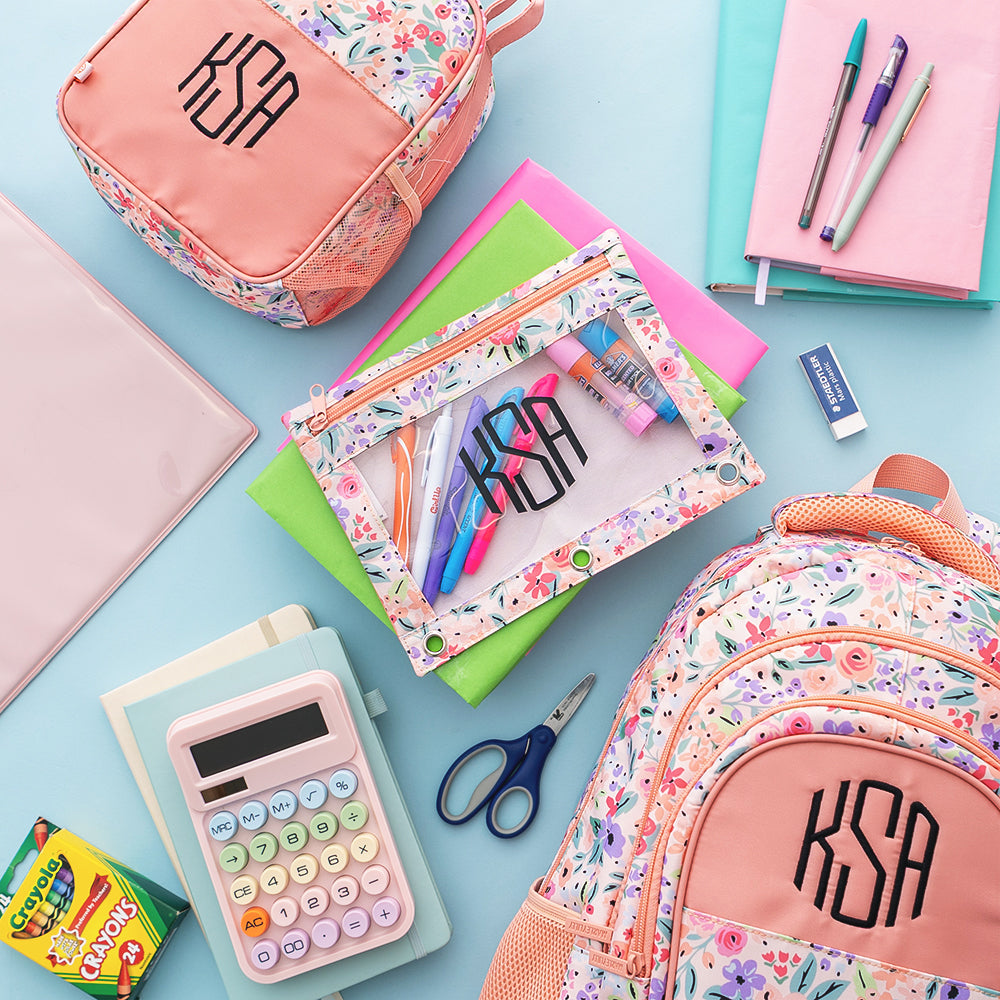 coral floral matching monogrammed binder pouch backpack and lunch box