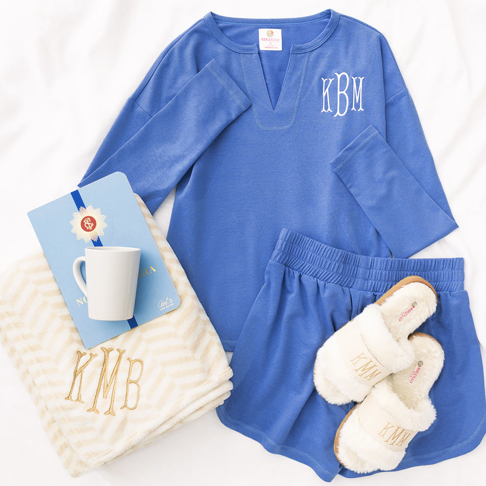 cornflower monogrammed notch neck sleep set outfit 