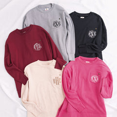grey crimson oatmeal hot pink and black monogrammed crewneck sweatshirts 2026