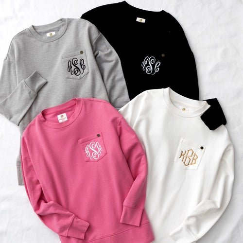 crewneck sweatshirt in white pink grey and black on white sheet