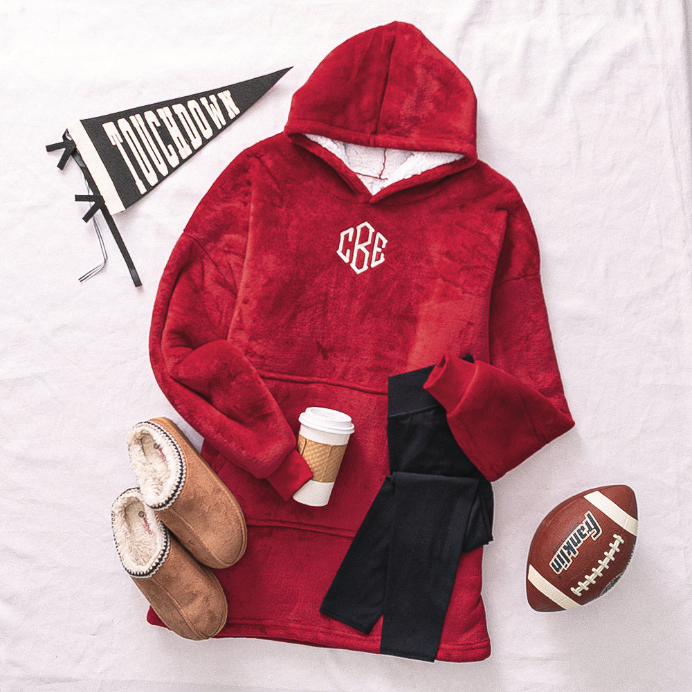 crimson monogrammed blanket hoodie football ootd 