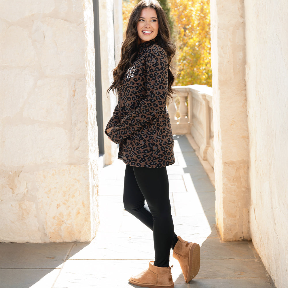 sable cheetah fleece jacket on peyton side view
