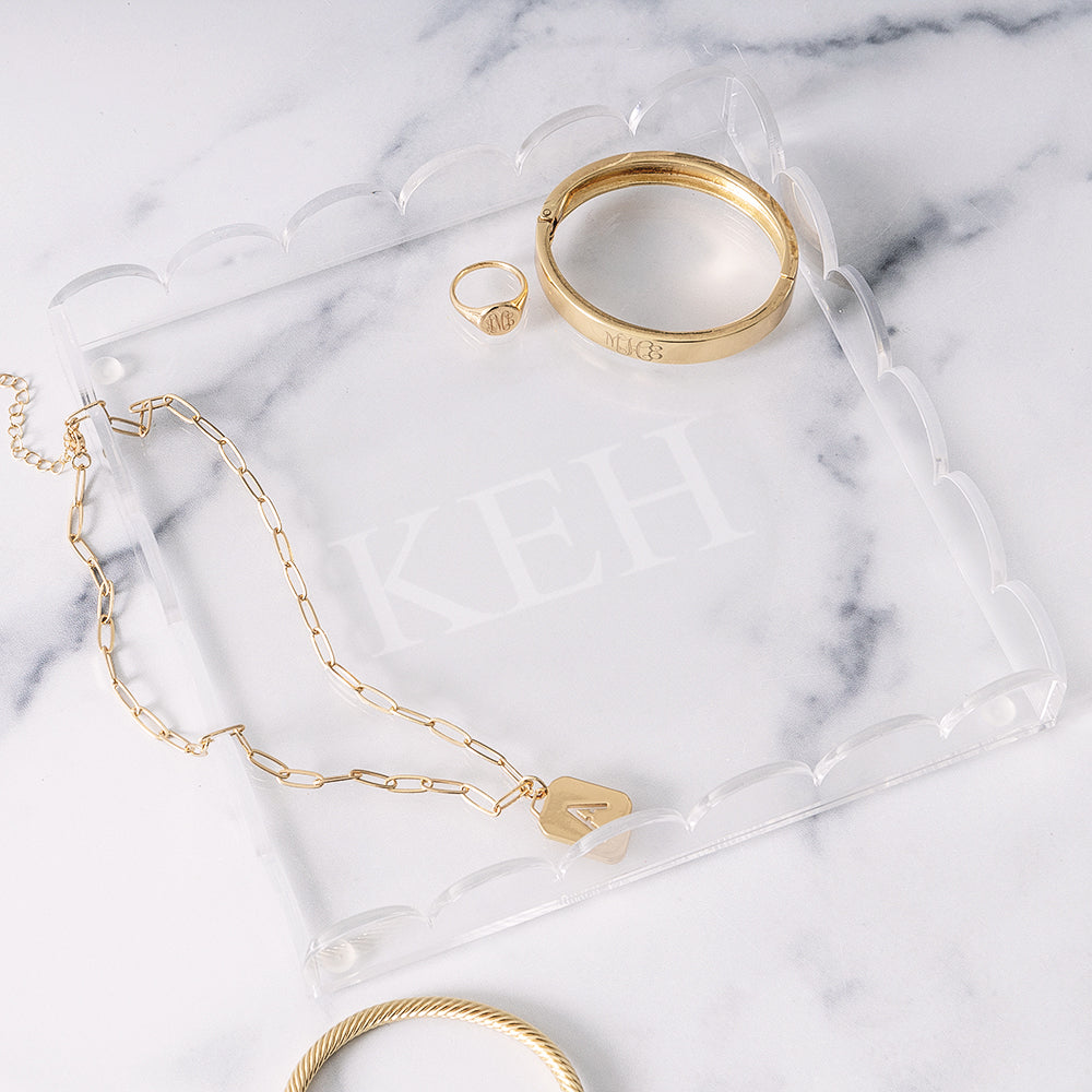 personalized scalloped valet tray with jewelry