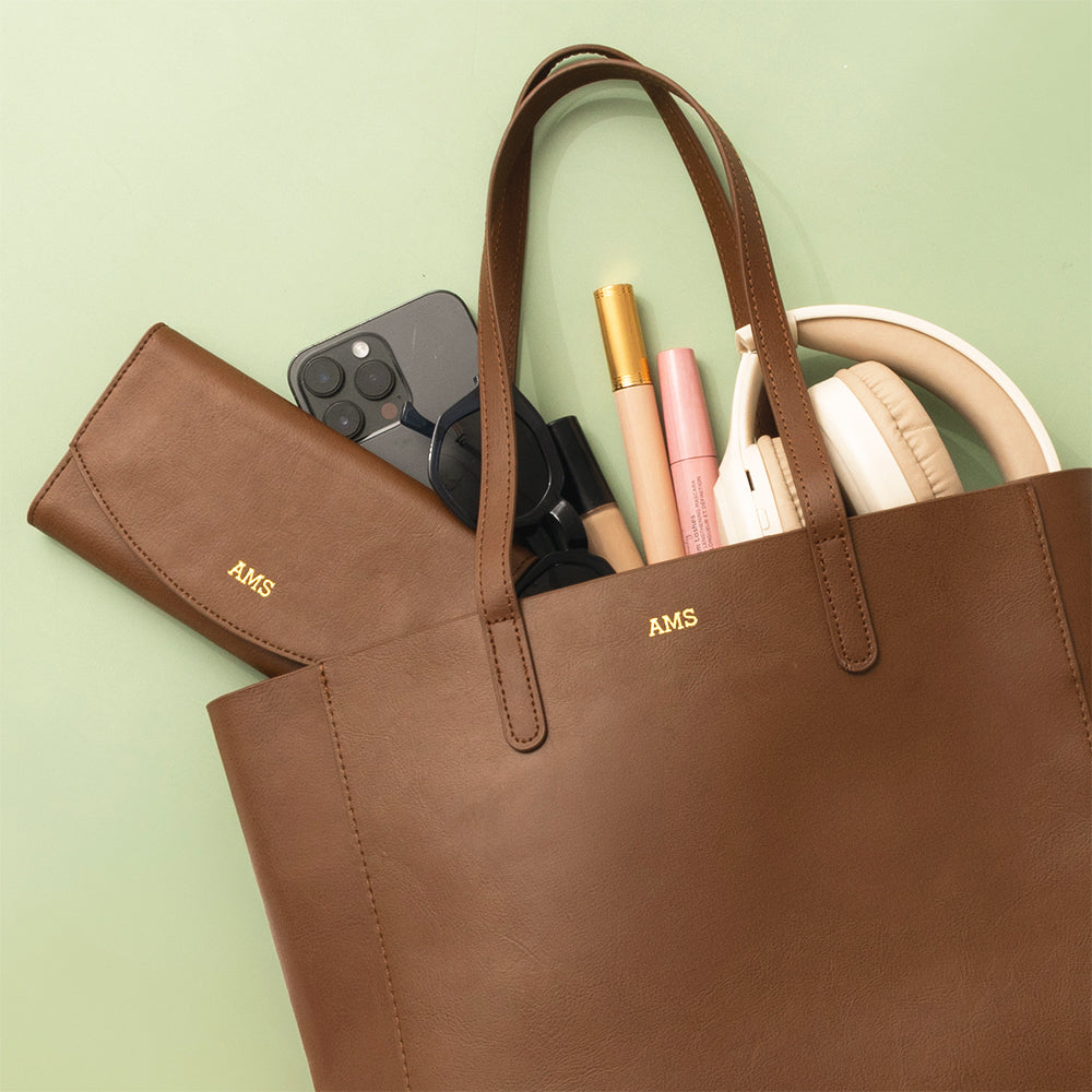 brown leather wallet with tote 2025