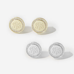 Monogrammed Pave Disc Earrings in Gold and Silver