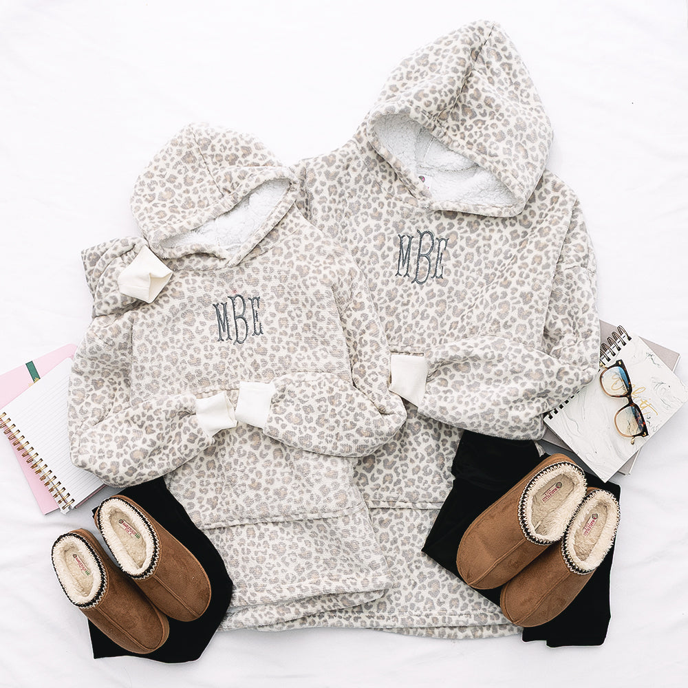 mom and me snow leopard monogrammed blanket hoodies