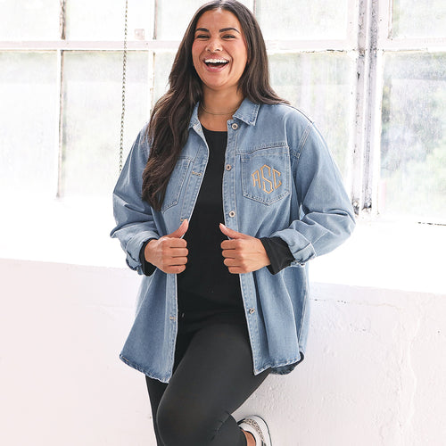 [julia-ann] personalized light wash denim shacket with leggings