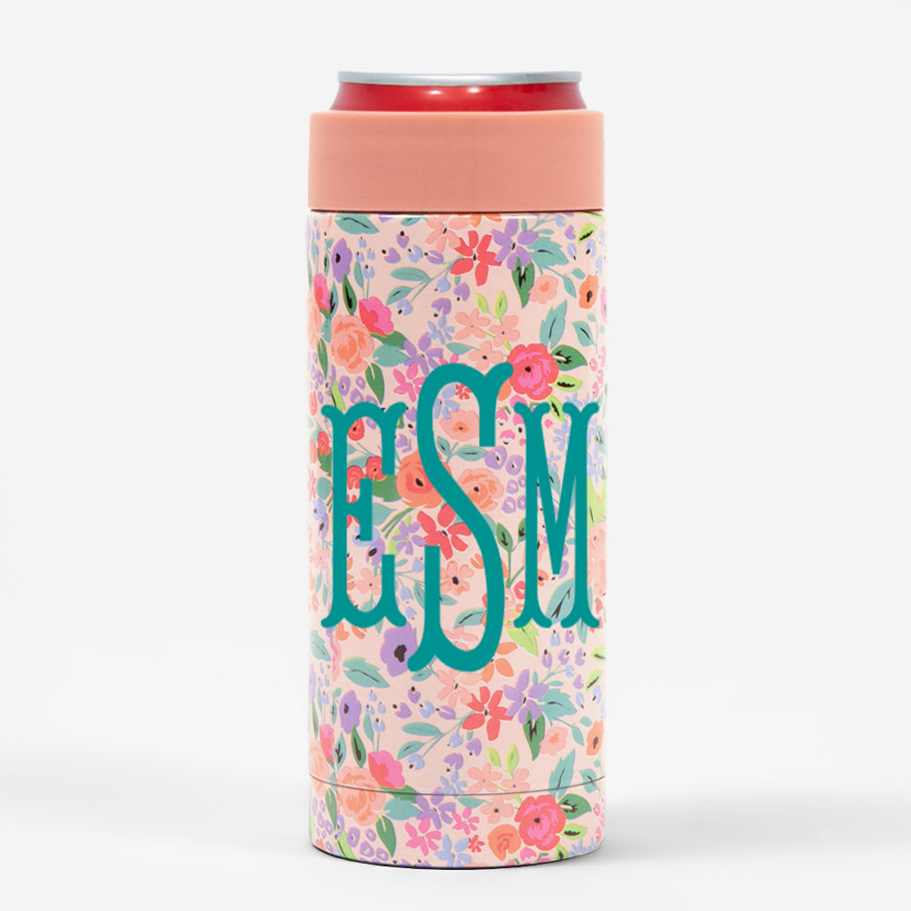 monogrammed slim can koolie - coral floral