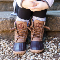 kids brown duck boots with grey socks