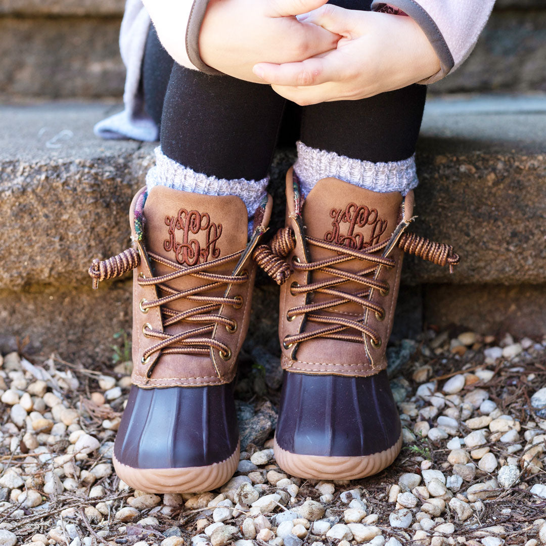 kids brown duck boots with grey socks