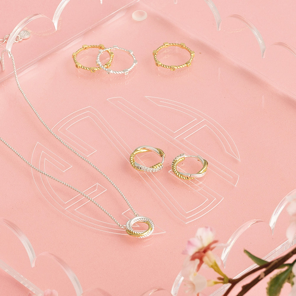 pave cable hoop earrings with cable necklace and ring stack