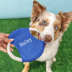 dog biting personalized blue frisbee