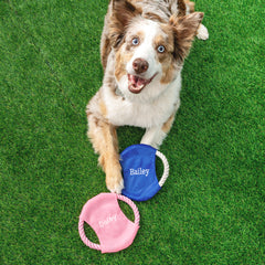pink and blue monogrammed frisbees