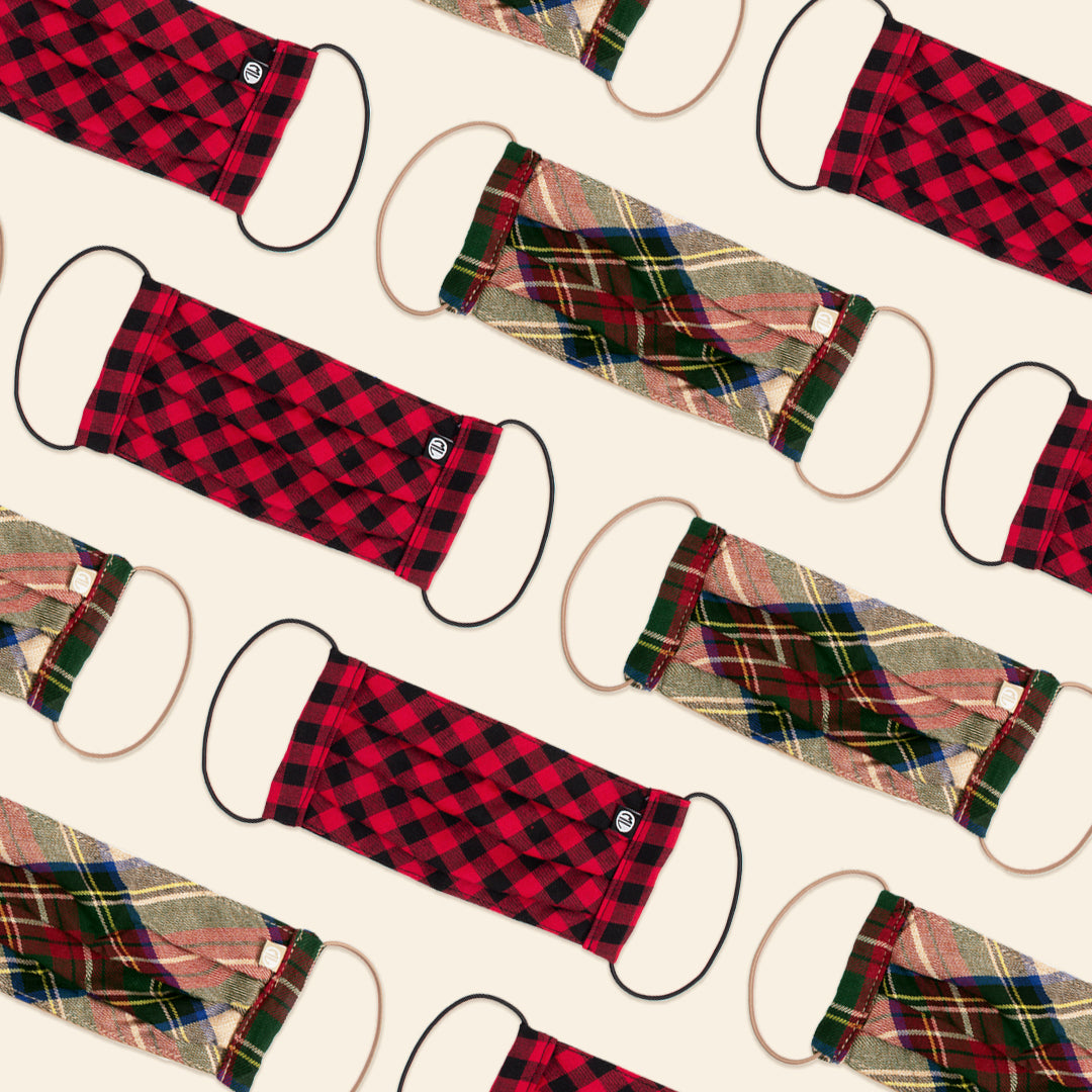 camel and buffalo plaid holiday face masks