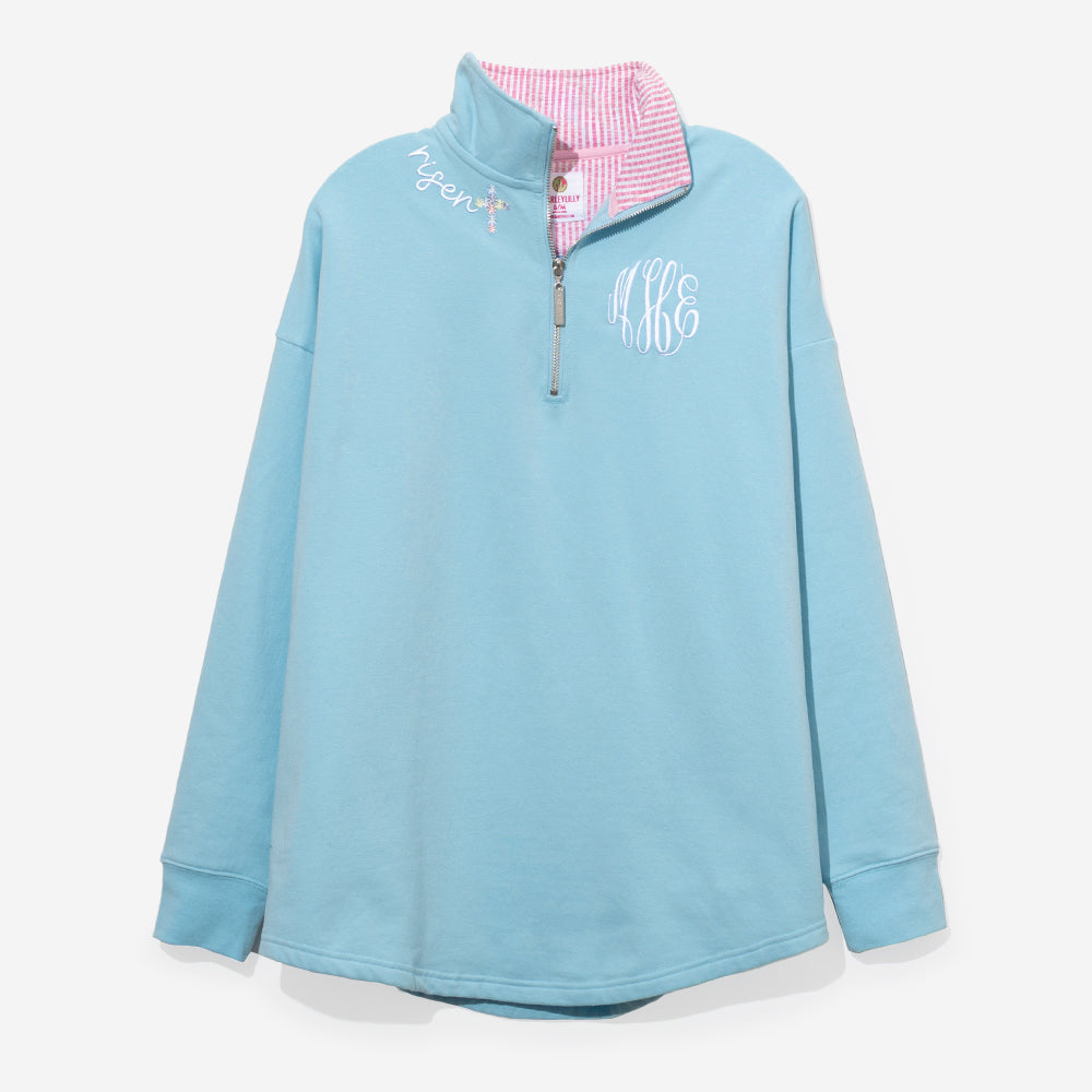 personalized faith pullover in blue and pink seersucker