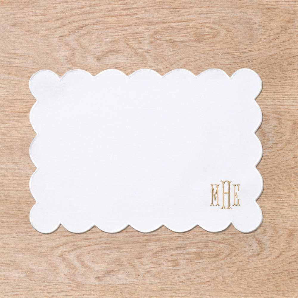 Monogrammed Scalloped Placemat in White on wood