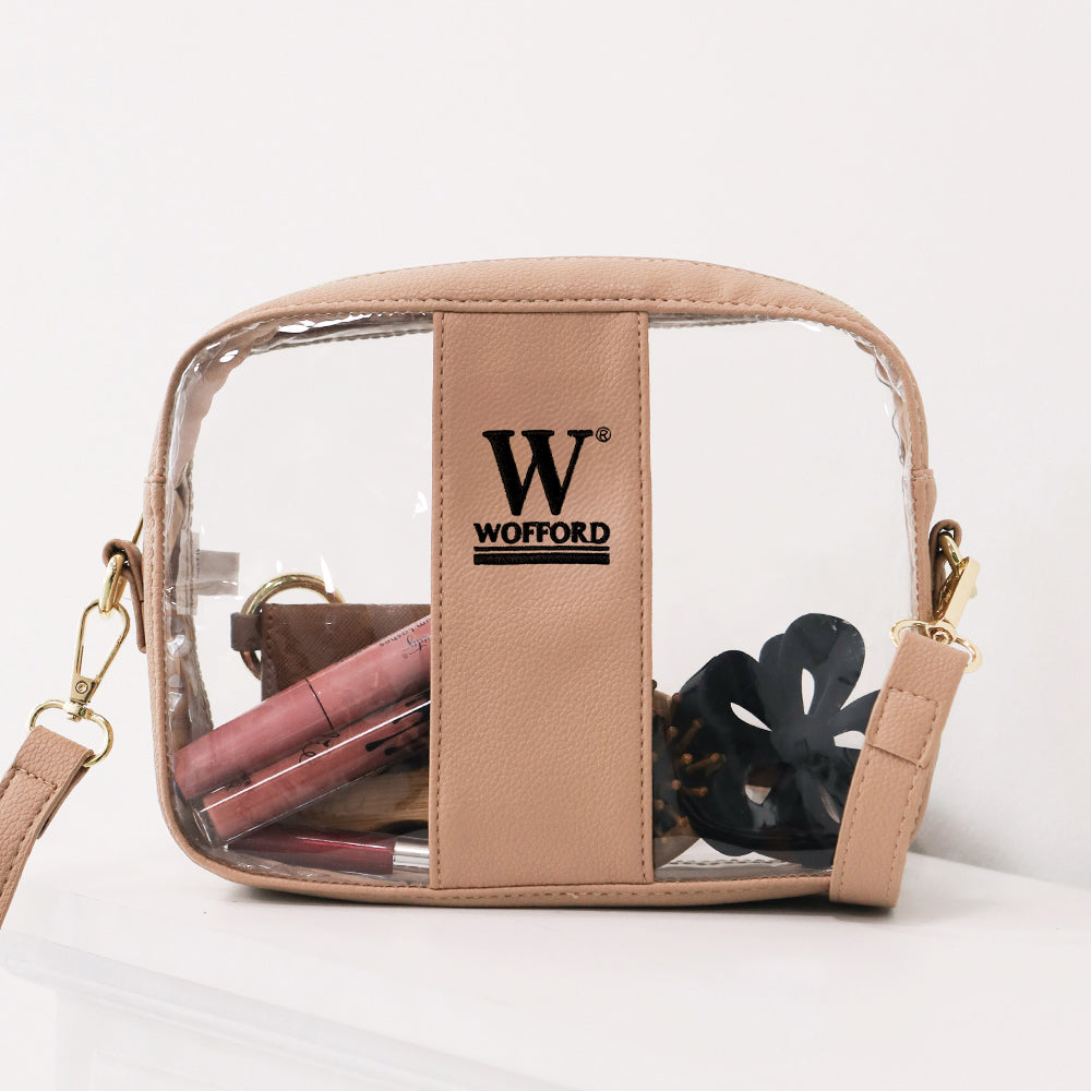 wofford clear stadium crossbody in tan on shoulder