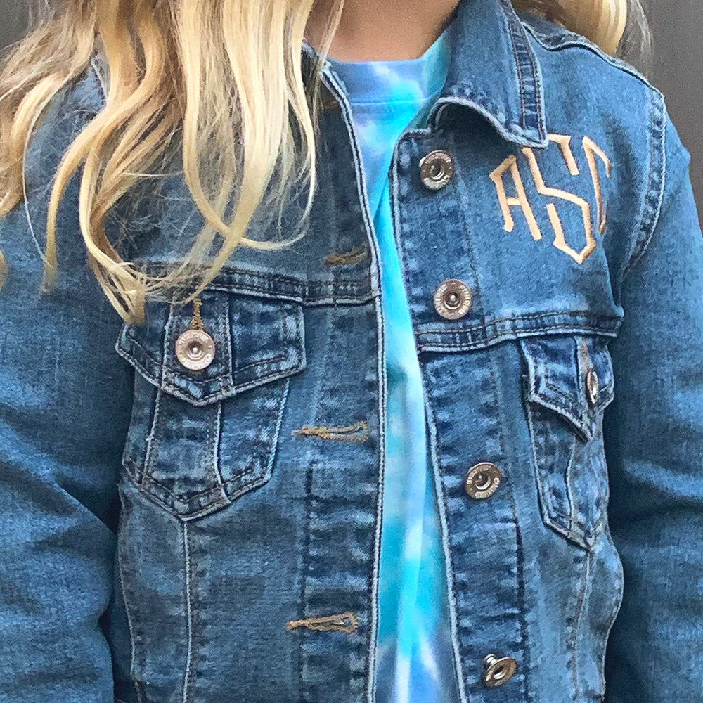 close up of kids personalized denim jacket