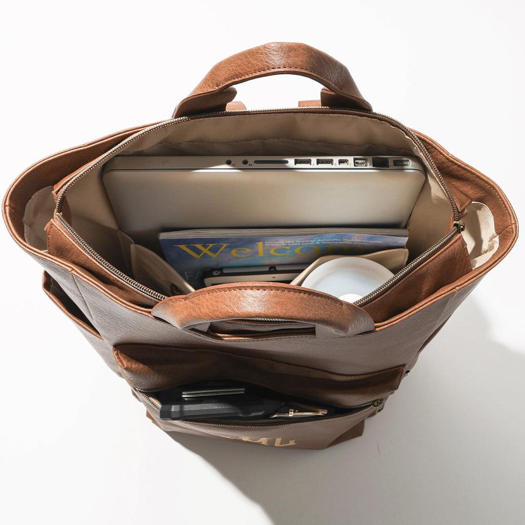 brown commuter backpack inside shot