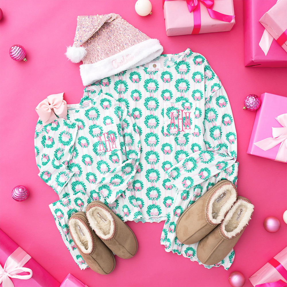 elegant evergreen kids lettuce edge sleep set mom and me flatlay