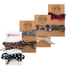 hickory and stars, camo and stripe, camel plaid and buffalo plaid shoelace set