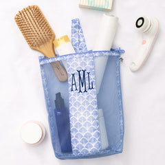 blue shells monogrammed shower bag packed