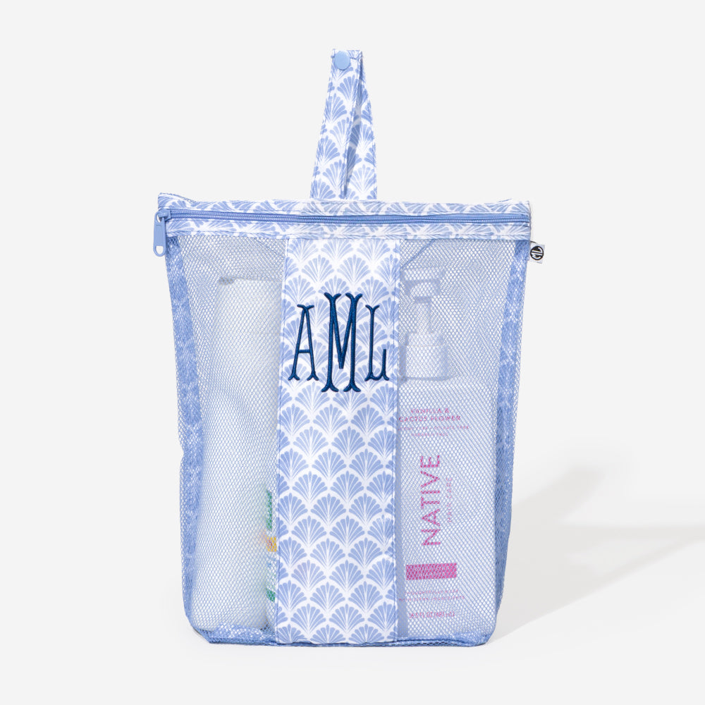 monogrammed shower bag in blue shells