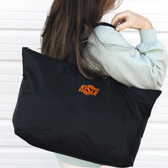 duffel bag on shoulder
