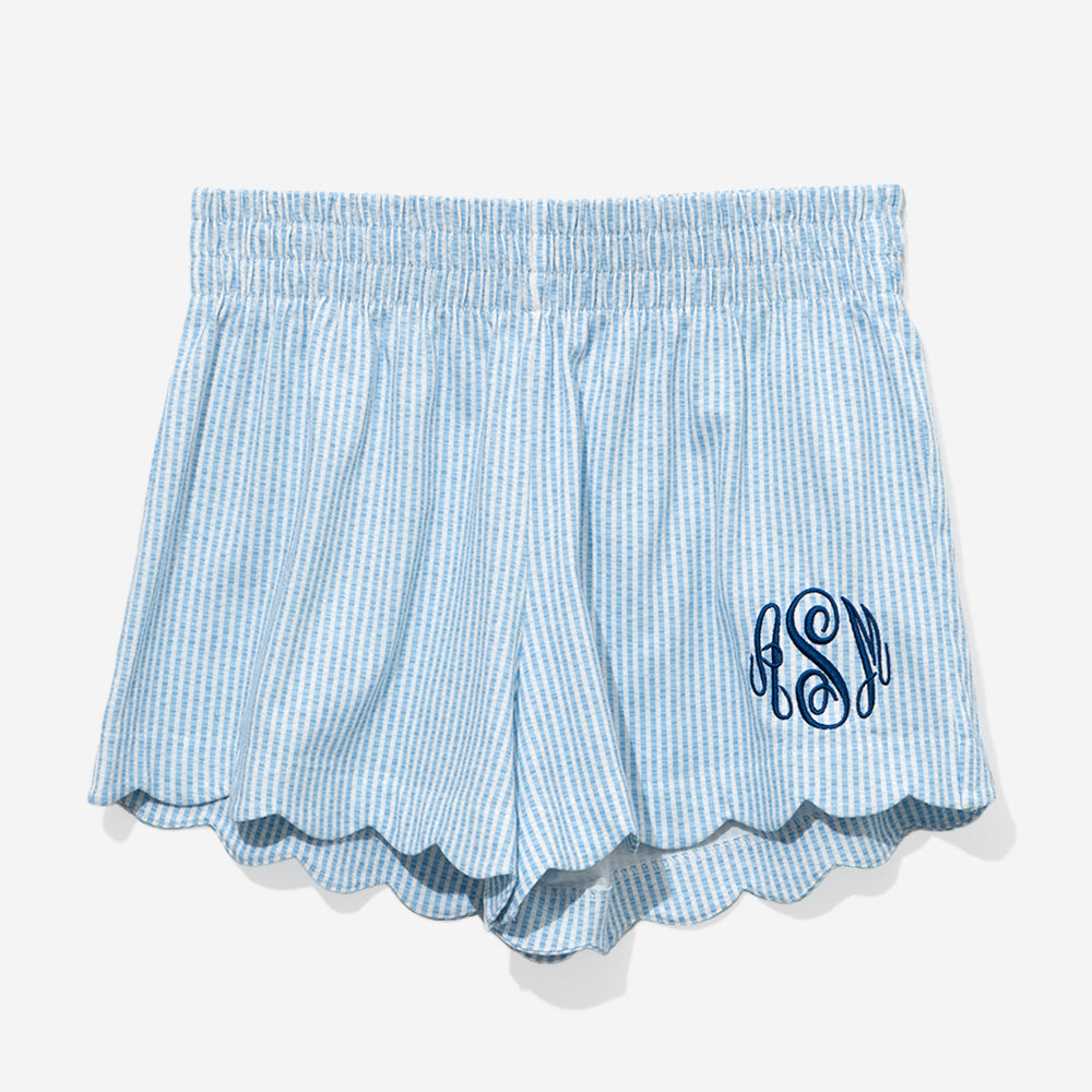 Monogrammed Scalloped Boxer Shorts in Navy Seersucker