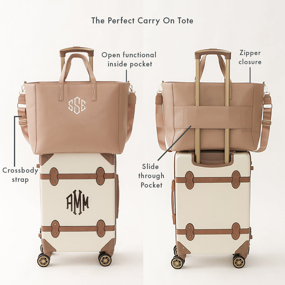 tan 2024 carry on travel tote infographic
