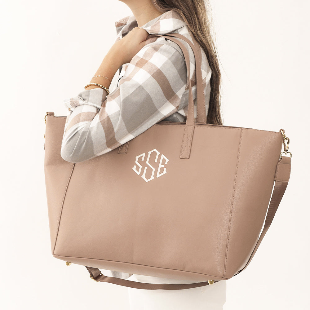 tan 2024 carry on travel tote on shoulder