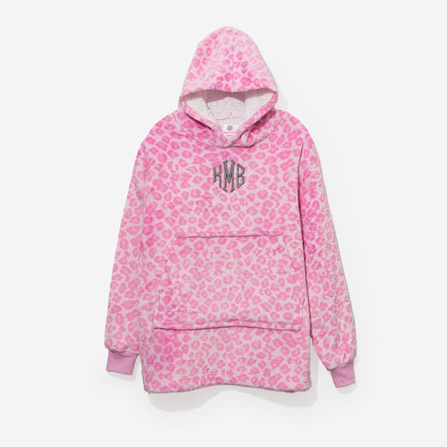 monogrammed blanket hoodie in pink cheetah