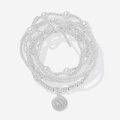 Monogrammed Pearl Bow Bracelet Stack in Silver