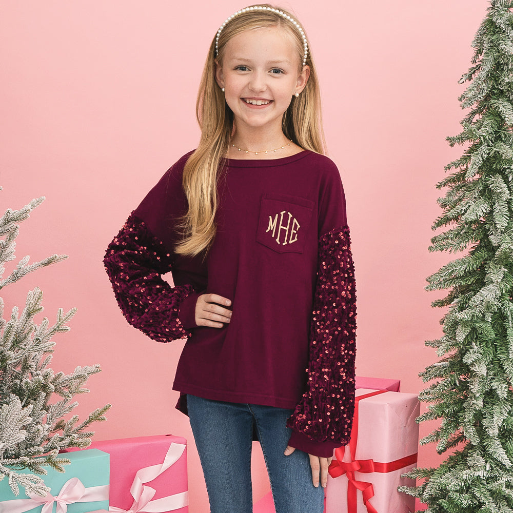 burgundy kids sequin sweatshirt on addie