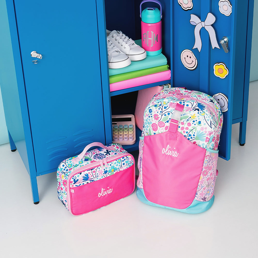 flower power basic backpack and lunchbox in locker
