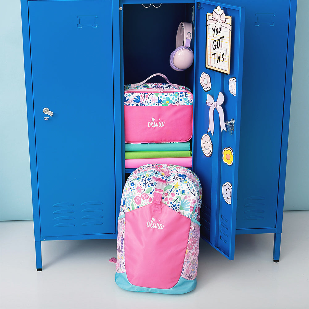 flower power lunchbox and backpack in locker 