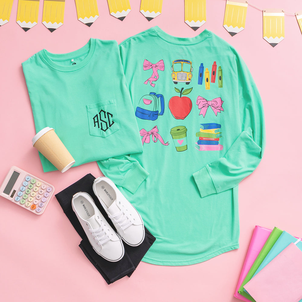 front and back of mint teacher back to school long sleeve t shirt 