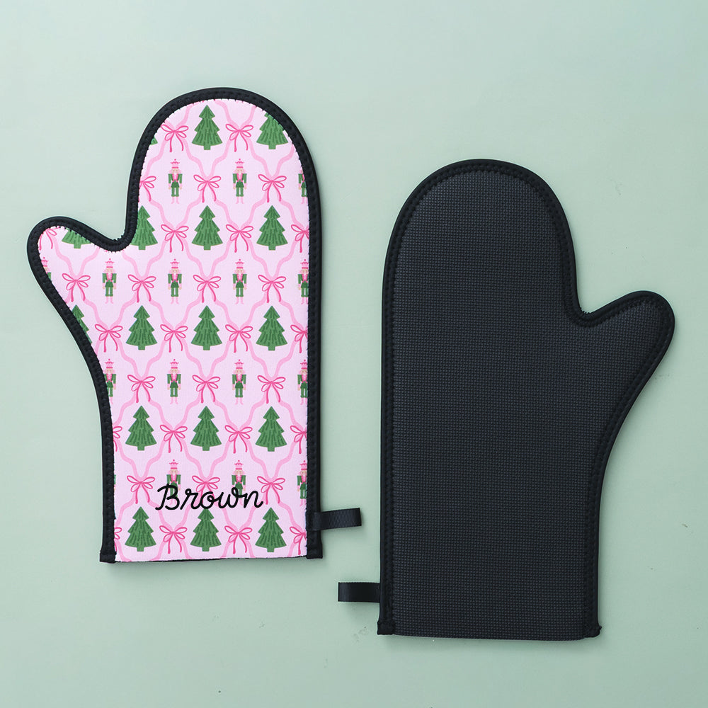 front and back of personalized neoprene oven mitt in christmas lattice