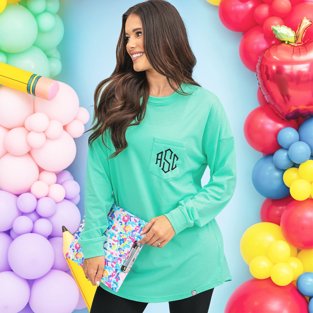 front of personalized teacher t shirt in mint 