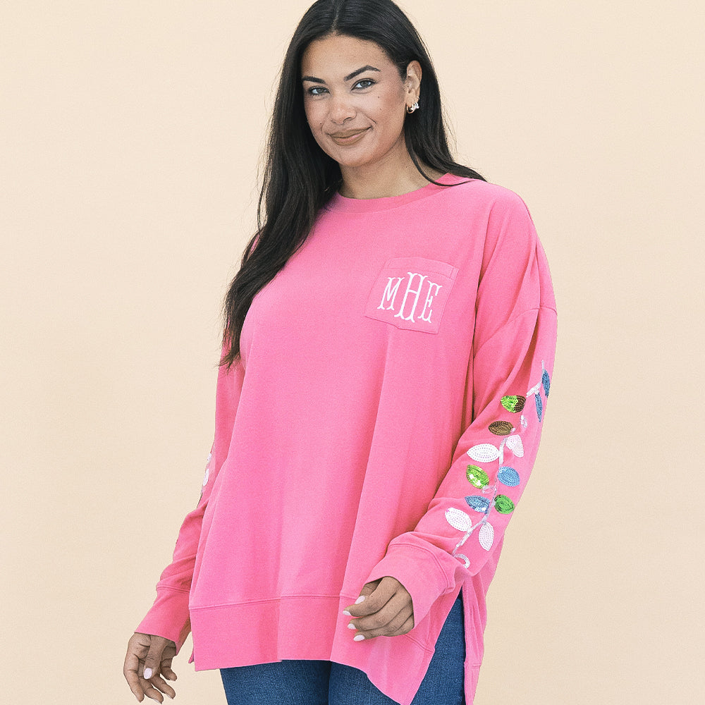 monogrammed hot pink sequin christmas lights sweatshirt