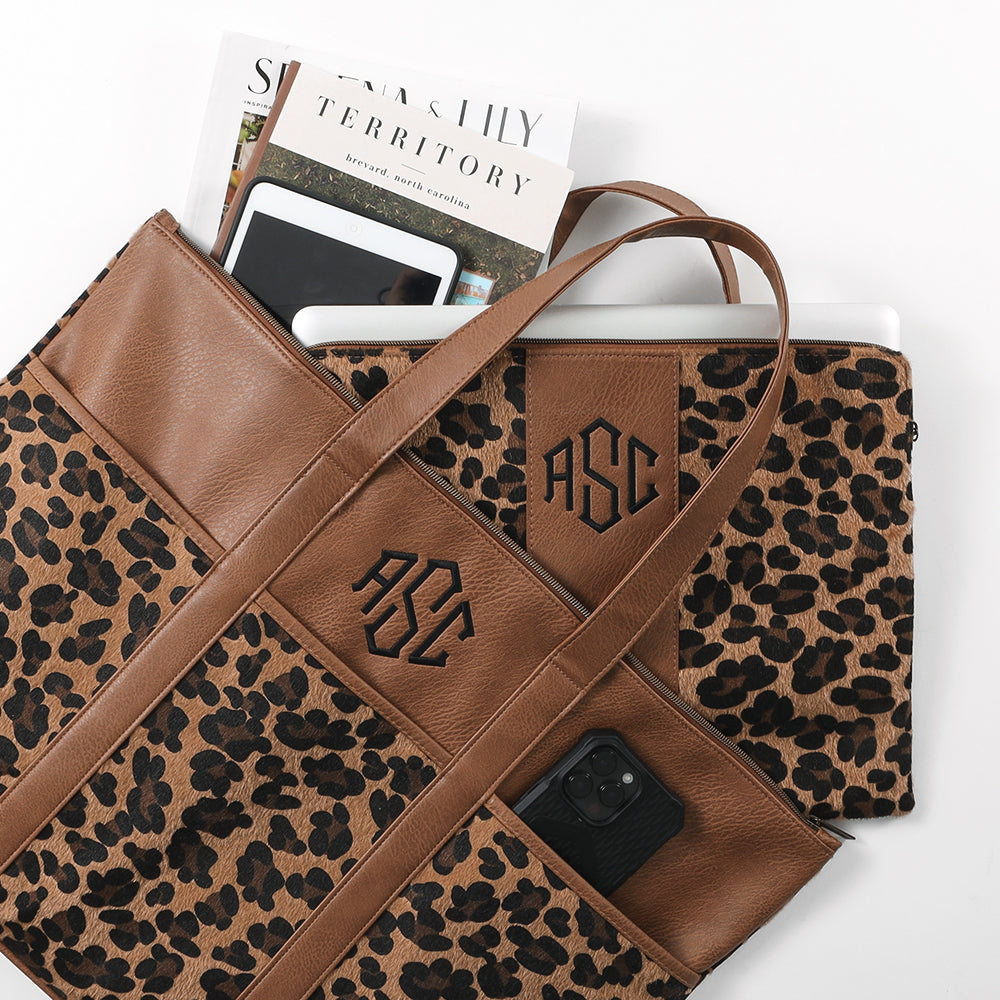 leopard pocket tote with laptop sleeve