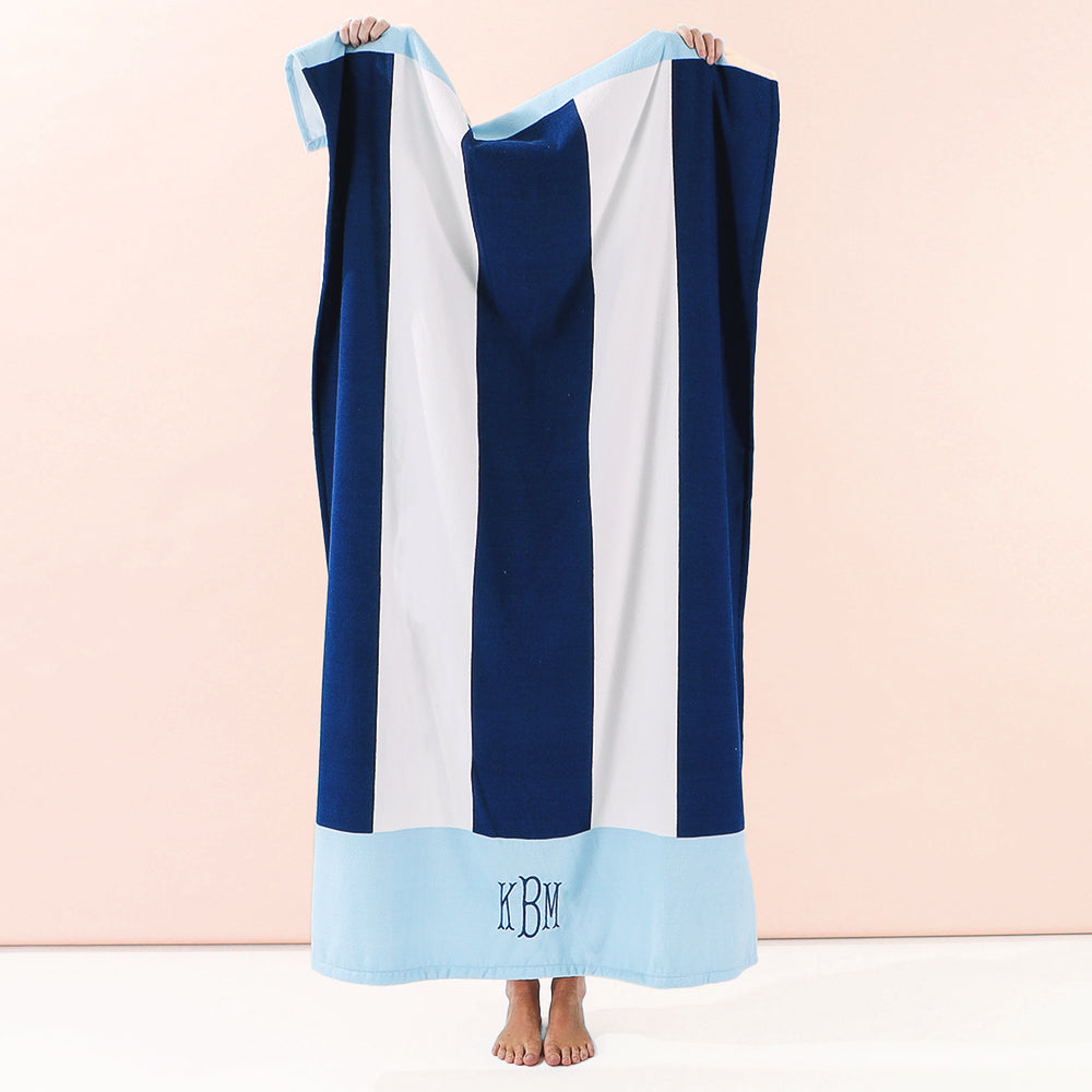 navy cabana stripe monogrammed towel hanging